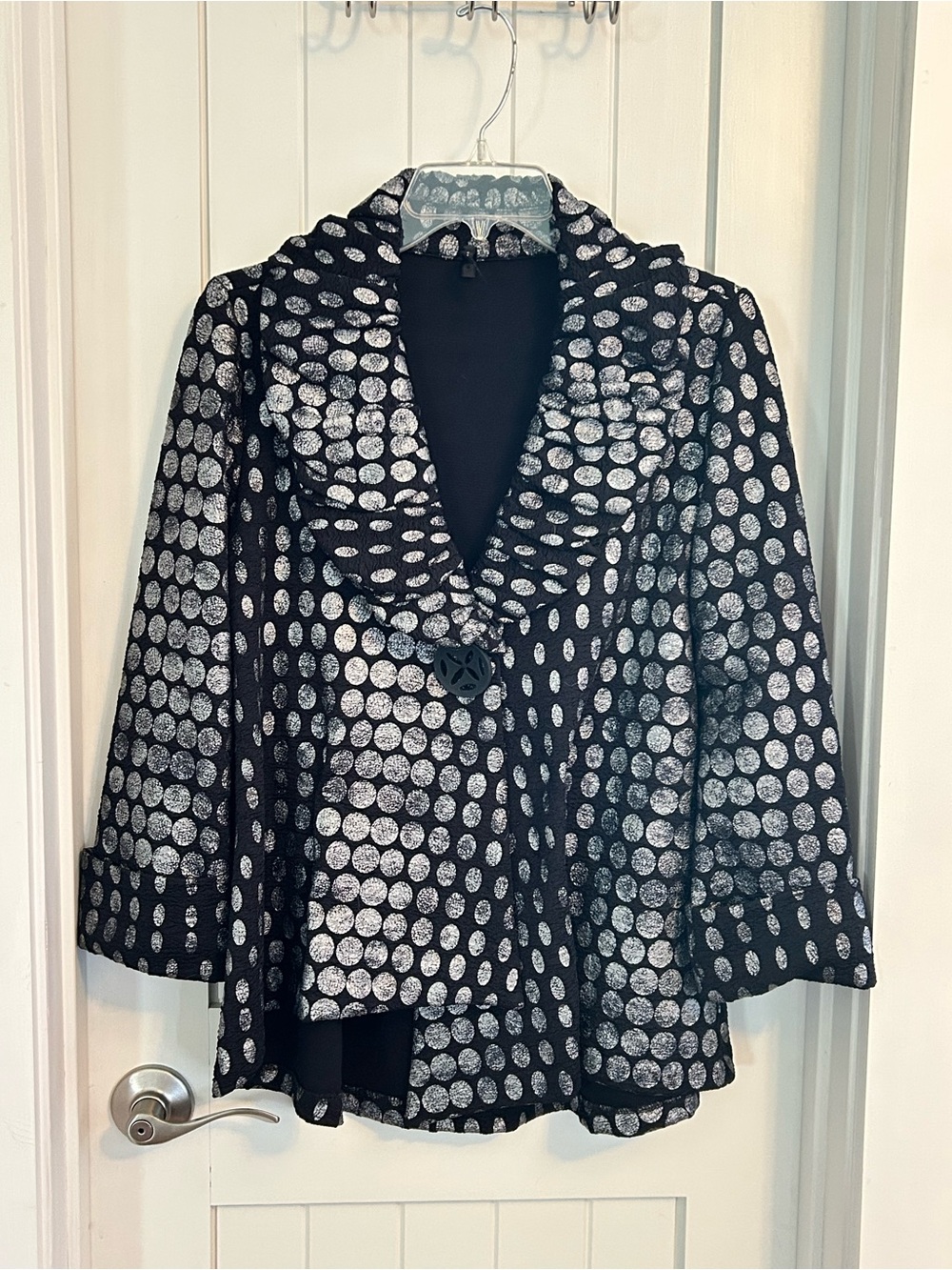 IC by Connie K Asymmetrical Ruched Collar Artsy Jacket Black Silver Dot Small
